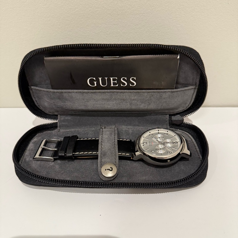 GUESS Steel Men's Watch with Black Leather Strap and Case